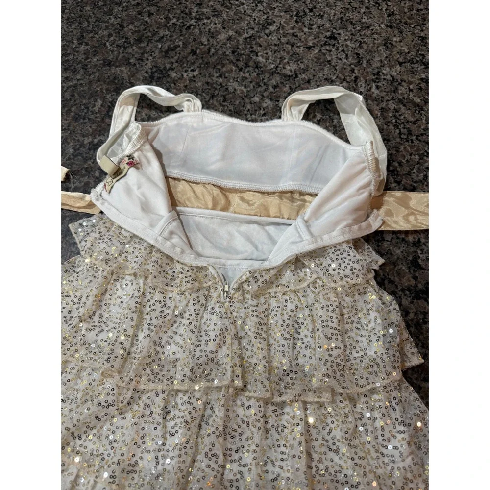 Speechless Girls Ivory Gold Sequin‎ Tiered Ruffle Party Dress Size 8 Holiday Bow
